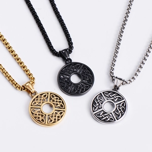 Three Celtic knot hollow circular pendants in gold, silver, and black stainless steel