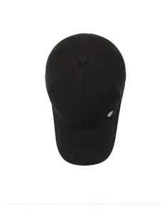 Top view of black cotton baseball cap showing classic six-panel structure and metal plate