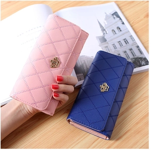 Elegant long PU leather wallets with crown detail and quilted pattern in pink and navy