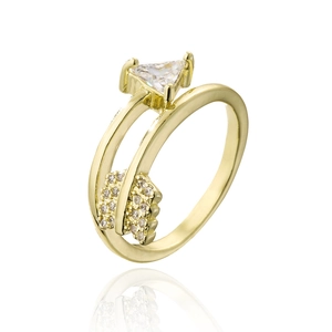 Detailed view of gold arrow ring with large triangle zircon and pavé crystal accents