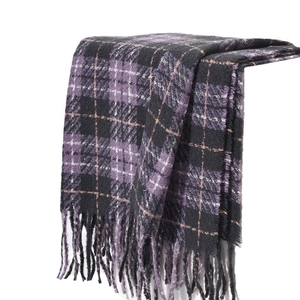 Purple plaid scarf with fringe tassels, soft winter knit wrap for women in a minimal style