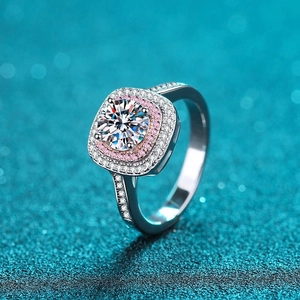 Sparkling S925 silver ring with 1ct moissanite center stone and pink halo accents