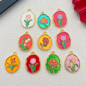 Breloques En Émail À Fleurs Alliage De Zinc Pendentifs Floraux Ovales Pour Fabrication De Bijoux Bracelet Collier Accessoires Style Peinture À L'Huile Rétro