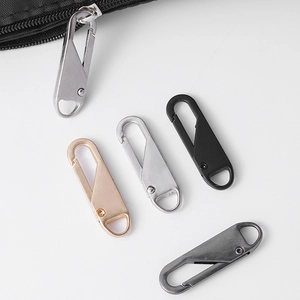Universal metal zipper pull replacements in gold, silver, and black for luggage and clothing