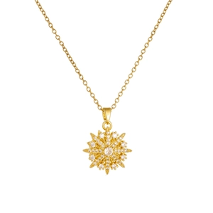 Golden sunburst spinning pendant necklace with white zircon pavé and stainless steel chain