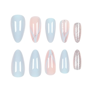 Chic blue almond press-on nails set with glitter lines and silver sparkle finish
