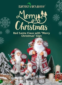 Three plush Santa Claus figurines in red outfits with Merry Christmas signs in a snowy scene