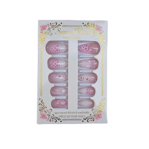 Faux ongles amande rose cœur et léopard avec nœuds 3D et perles lot de 24 pièces