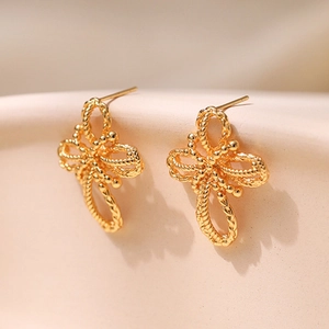 Minimalist gold woven flower stud earrings with twisted rope texture and S925 silver pins