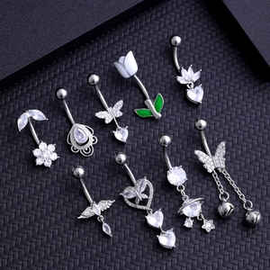 Silver navel piercings with zircon in butterfly flower heart and star shapes