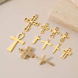 Stainless Steel Cross Pendants Charms 18K Gold Plated Vintage Hollow For DIY Jewelry Making Accessories Rhinestone Ankh