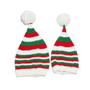 Christmas Knit Beanie Hat Striped Warm Acrylic Pom Pom Decor For Adult Kids Family Holiday Party