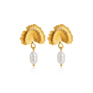 Boucles d'oreilles feuilles de ginkgo plaquées or 18k avec pendentifs perles blanches