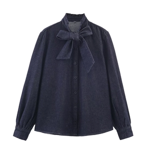 Women Denim Blouse Shirt Long Sleeve Elegant Bow Tie Tie-Neck Ruffle Collar Single Breasted Casual Sweet Fashion Top