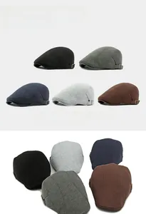 Detailed views of vintage knitted cotton flat caps in 5 colors with side buckles
