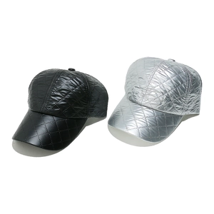 Quilted PU Leather Baseball Cap Metallic Silver Black Peaked Hat Streetwear Fashion Adjustable Headwear For Women