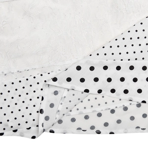 Detailed close-up of white floral lace texture and black polka dot fabric mesh pattern