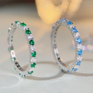 Elegant S925 sterling silver eternity rings with green and blue high-carbon gemstones