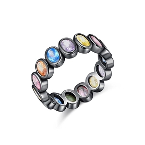 S925 sterling silver rainbow ring with multi-color oval gemstones in a punk hip-hop style