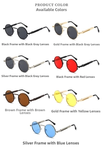 Detail view of round steampunk sunglasses with spring hinges in multiple lens colors