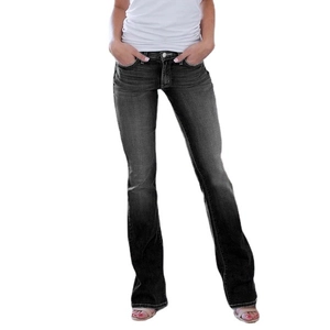 Jean évasé femme en denim gris foncé délavé avec taille mi-haute et style vintage chic