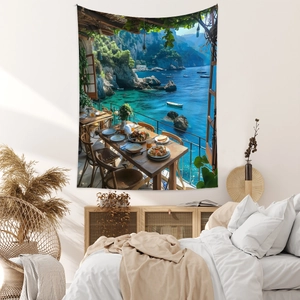 Detail of Mediterranean sea view tapestry featuring a balcony and vibrant ocean scene