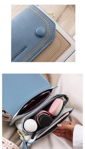 Detail of color-block crossbody bag showing interior compartments and storage capacity