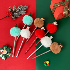 Christmas Ballpoint Pen With Plush Pom Pom And Cartoon Santa Elk Snowman Ornament Plastic Polka Dot Stationery For Kids Holiday Gift