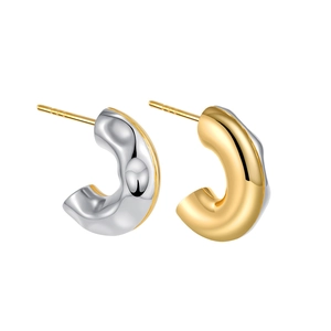 French style C-shaped earrings with gold and silver two-tone hammered lava texture