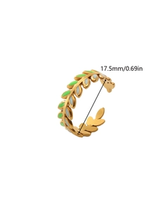 Detail view of 18k gold plated leaf ring with green enamel and 17.5mm diameter size info