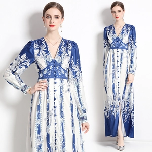 Women V Neck Maxi Dress Long Sleeve Floral Print Single Breasted High Waist Blue White Porcelain Style Polyester Satin