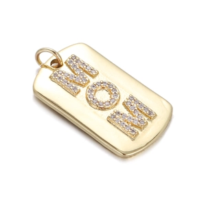 Detail of 14K gold plated rectangle MOM pendant with sparkling pavé crystal embellishments