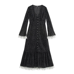 Elegant Polka Dot Maxi Dress Women V Neck Long Sleeve Polyester Chiffon Lace Trim Artificial Pearl Buttons French Retro Style Slim