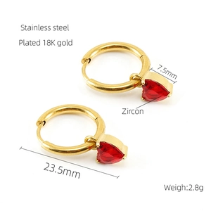 18K gold plated stainless steel hoop earrings with deep red heart zircon pendants