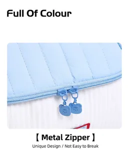 Dettaglio della borsa trapuntata blu con doppie cerniere metalliche a forma di orso