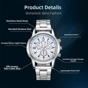 Detail of silver stainless steel chronograph watch with white dial and blue luminous hands