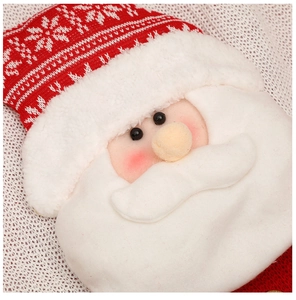 Close-up of Santa Claus chair cover featuring knitted snowflake hat and plush white beard