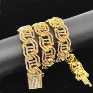Men's hip hop 16mm cuban chain necklace with H-letter cutout and shiny rhinestones