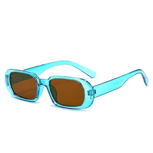 Trendy rectangular sunglasses with light blue translucent frames and brown lenses