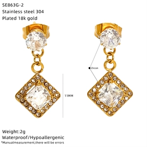 Macro view of 18k gold plated stainless steel square zircon stud earrings, 11mm size