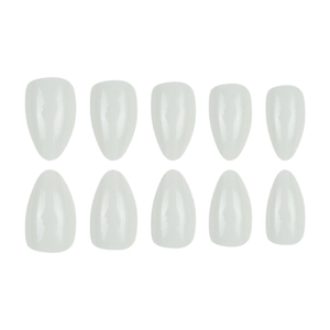 Glossy almond-shaped press-on nails in solid milky white finish on white background