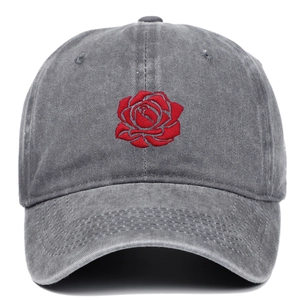 Vintage-Baseballkappe aus gewaschener Baumwolle in Dunkelgrau mit roter Rosenstickerei