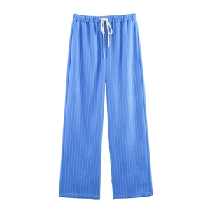 Women's blue vertical striped lounge pants with elastic drawstring waist for summer