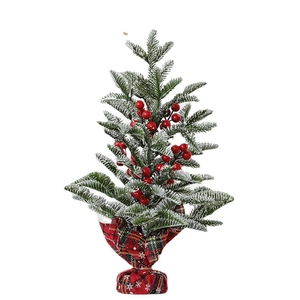 Mini artificial Christmas pine tree with red berries, snow effect and red plaid base