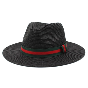Chapeau de paille Panama noir élégant avec ruban rayé vert et rouge pour protection solaire d'été