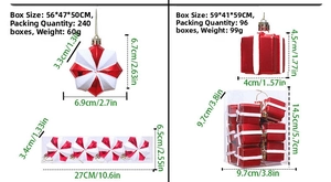 Detailed dimensions of red and white star and gift box Christmas tree ornaments