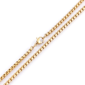 18K gold plated stainless steel rolo chain necklace with a lobster clasp in golden finish