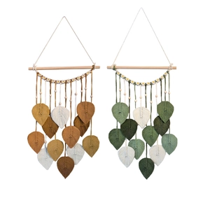 Handmade Bohemian woven leaf wall hanging set with daisy accents and wooden rods