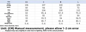 Detailed size guide for fleece pants showing waist, hip, and length measurements in cm