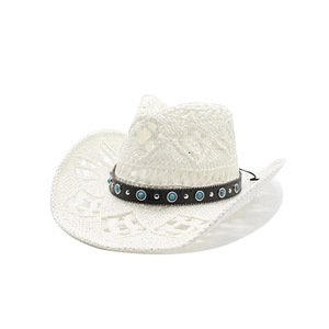 White woven cowboy straw hat featuring hollow knit pattern and turquoise bead band